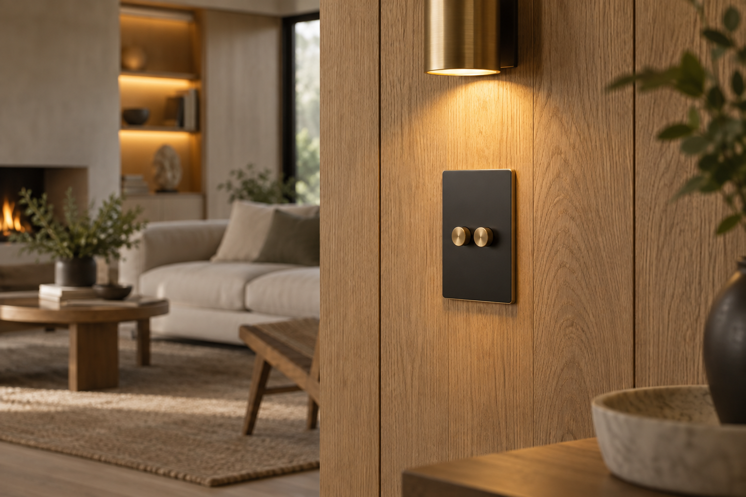 Sfeervol verlicht modern interieur met een verfijnd lichtschakelaar-detail